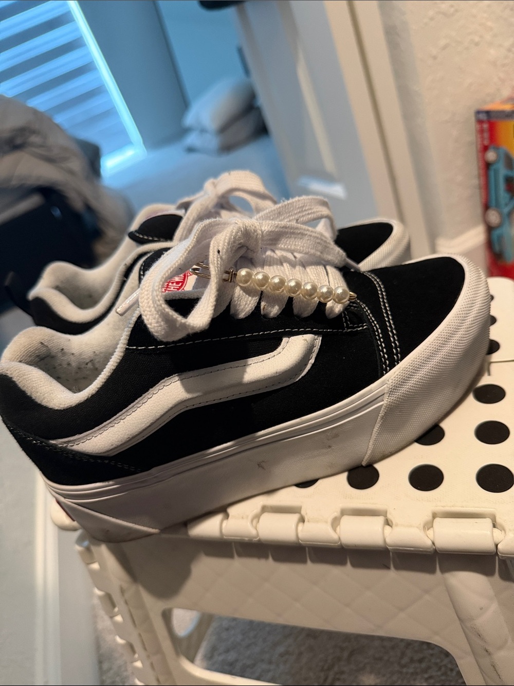 Vans Black and White Low-Top Sneakers with Pearl Lace Accent